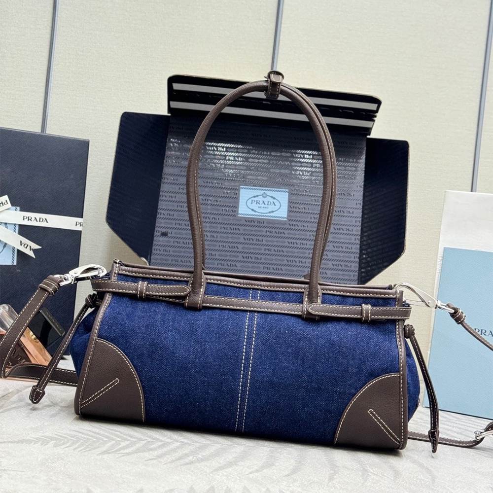 Pra*a Bonnie medium linen and leather handbag(HIGH-END GRADE)